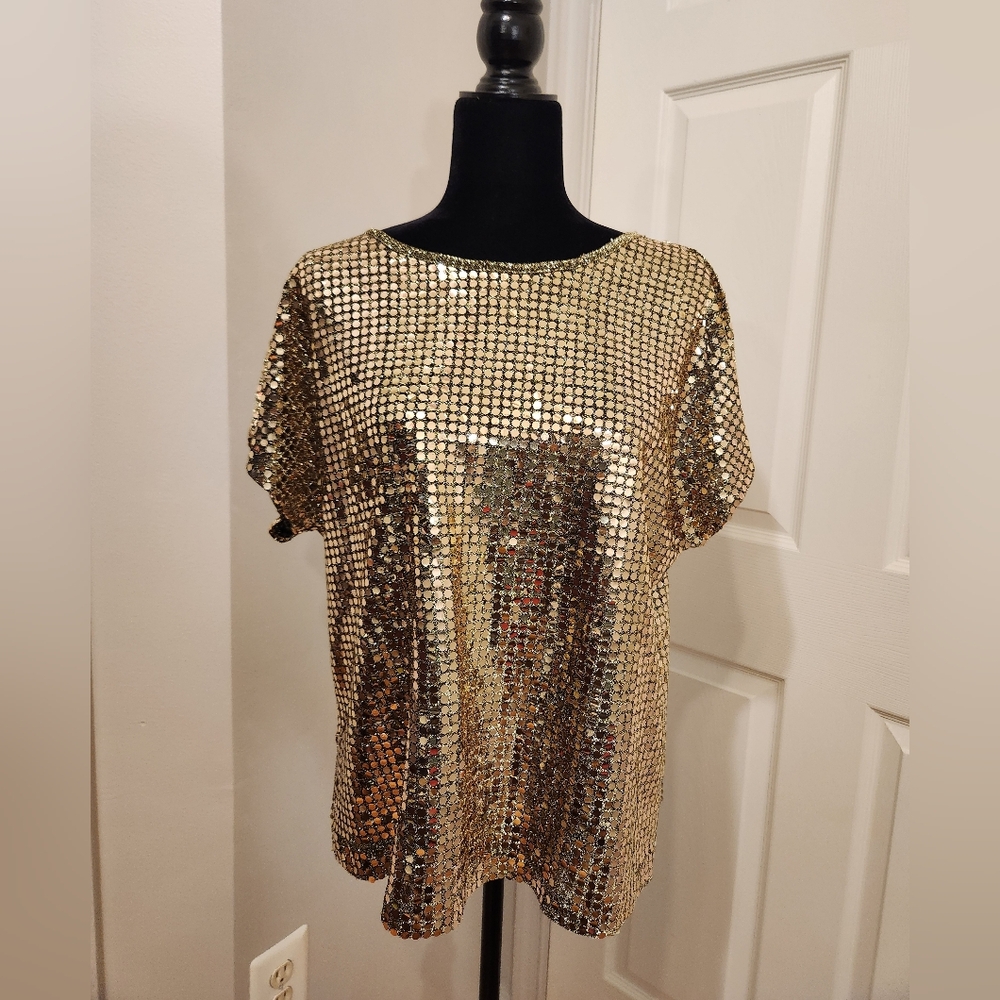 Vintage Norton McNaughton Shirt Womens 10 Gold Sequin Mesh Disco Top Sparkle 80s